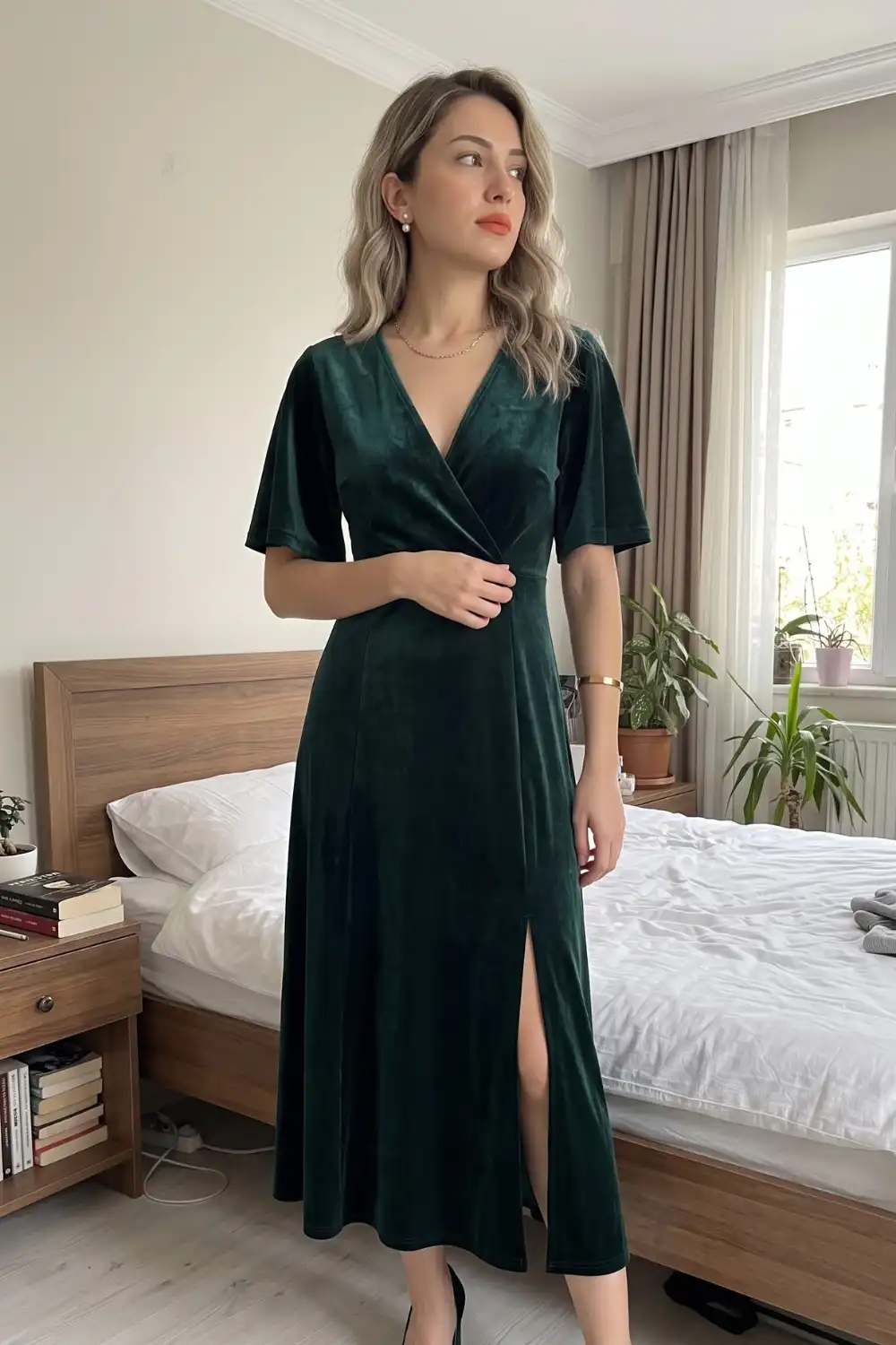 Woman in dark green velvet wrap midi dress with side slit
