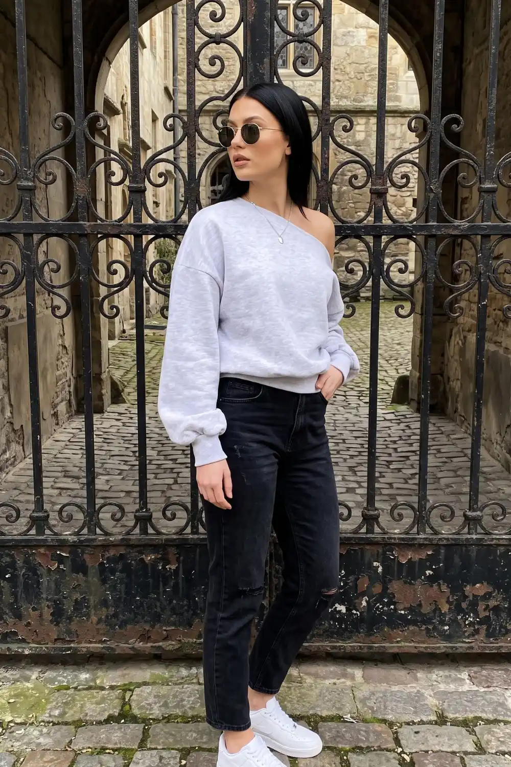 Woman wearing grey off-shoulder oversized sweatshirt with black ripped jeans
