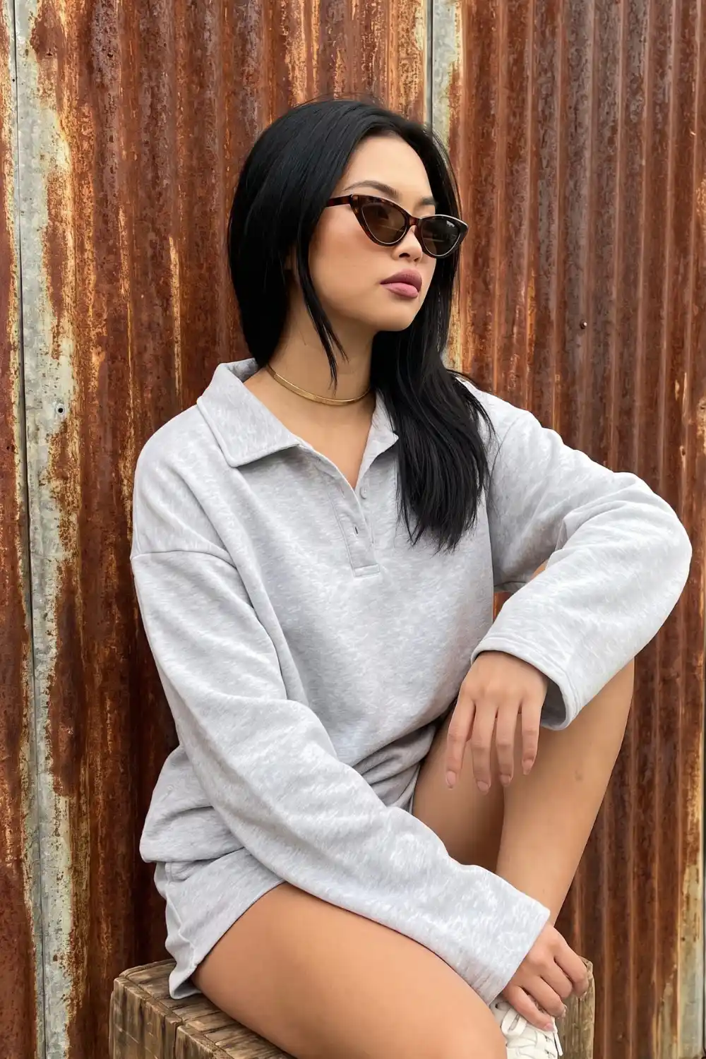 Woman wearing light grey oversized polo collar sweatshirt