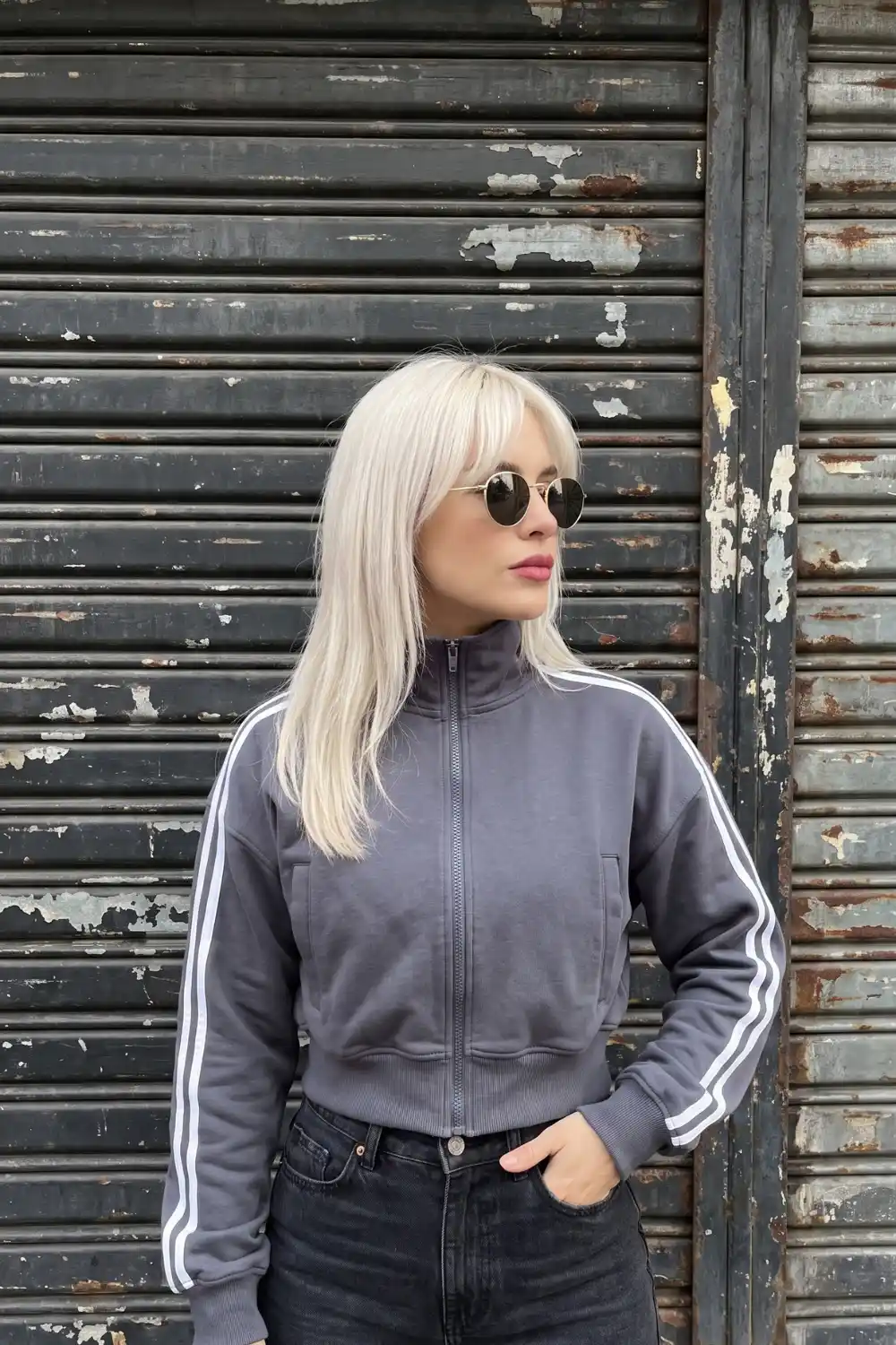 Woman wearing slate grey zip-up track sweatshirt with white side stripes