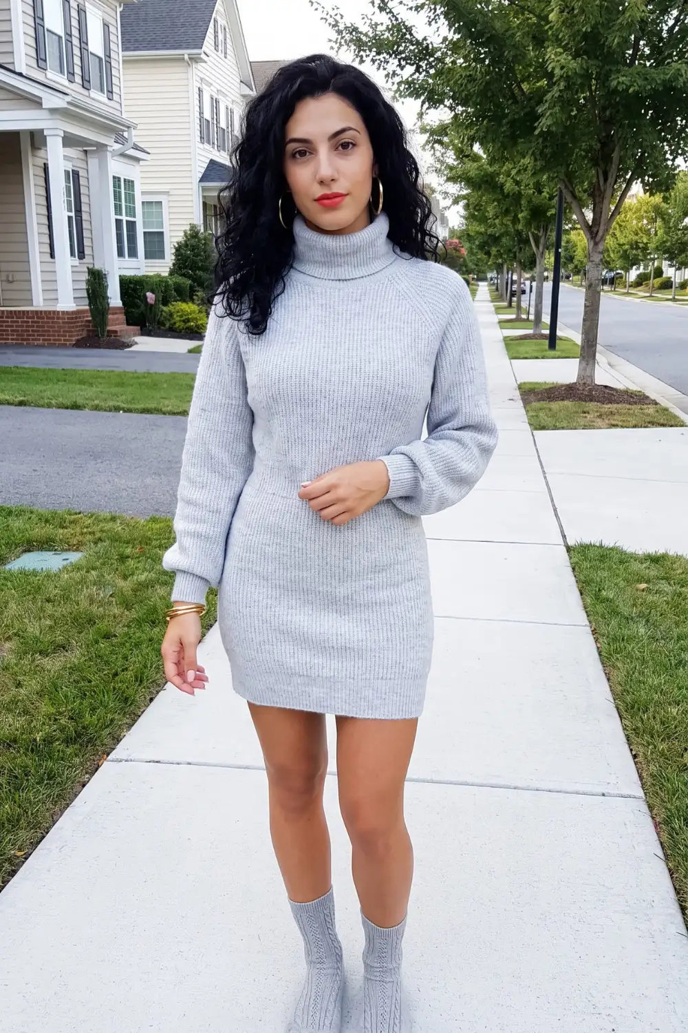 Woman in light grey oversized ribbed turtleneck sweater mini dress with grey knit ankle boots