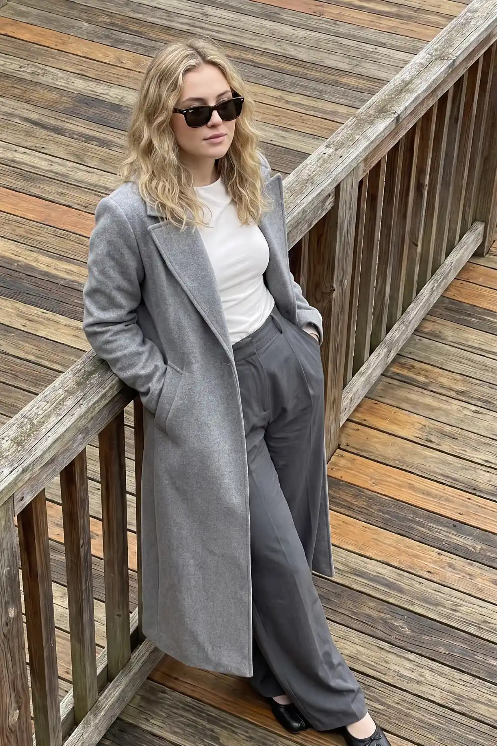 Woman wearing grey longline wool coat with white tee and grey wide leg trousers