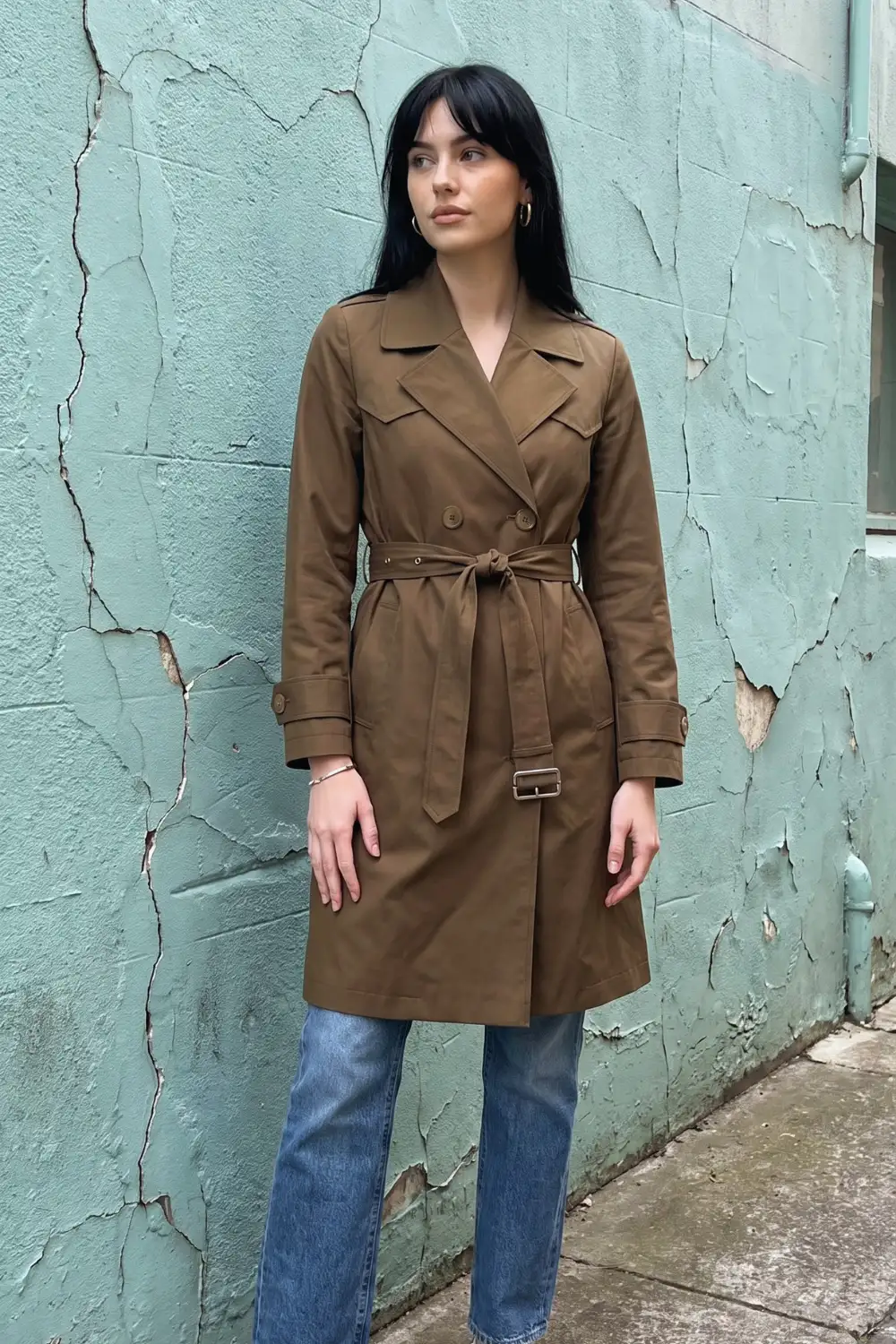 Woman in khaki brown belted double-breasted trench coat with mid wash straight jeans