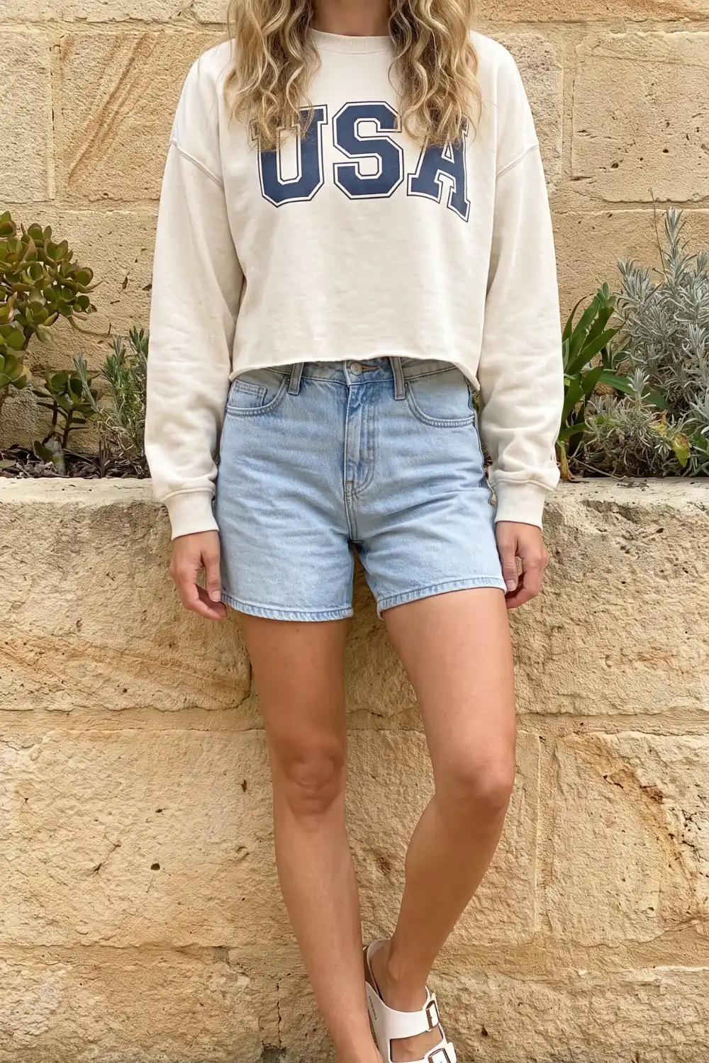 Woman wearing cream USA graphic crop sweatshirt with light blue denim mid length shorts
