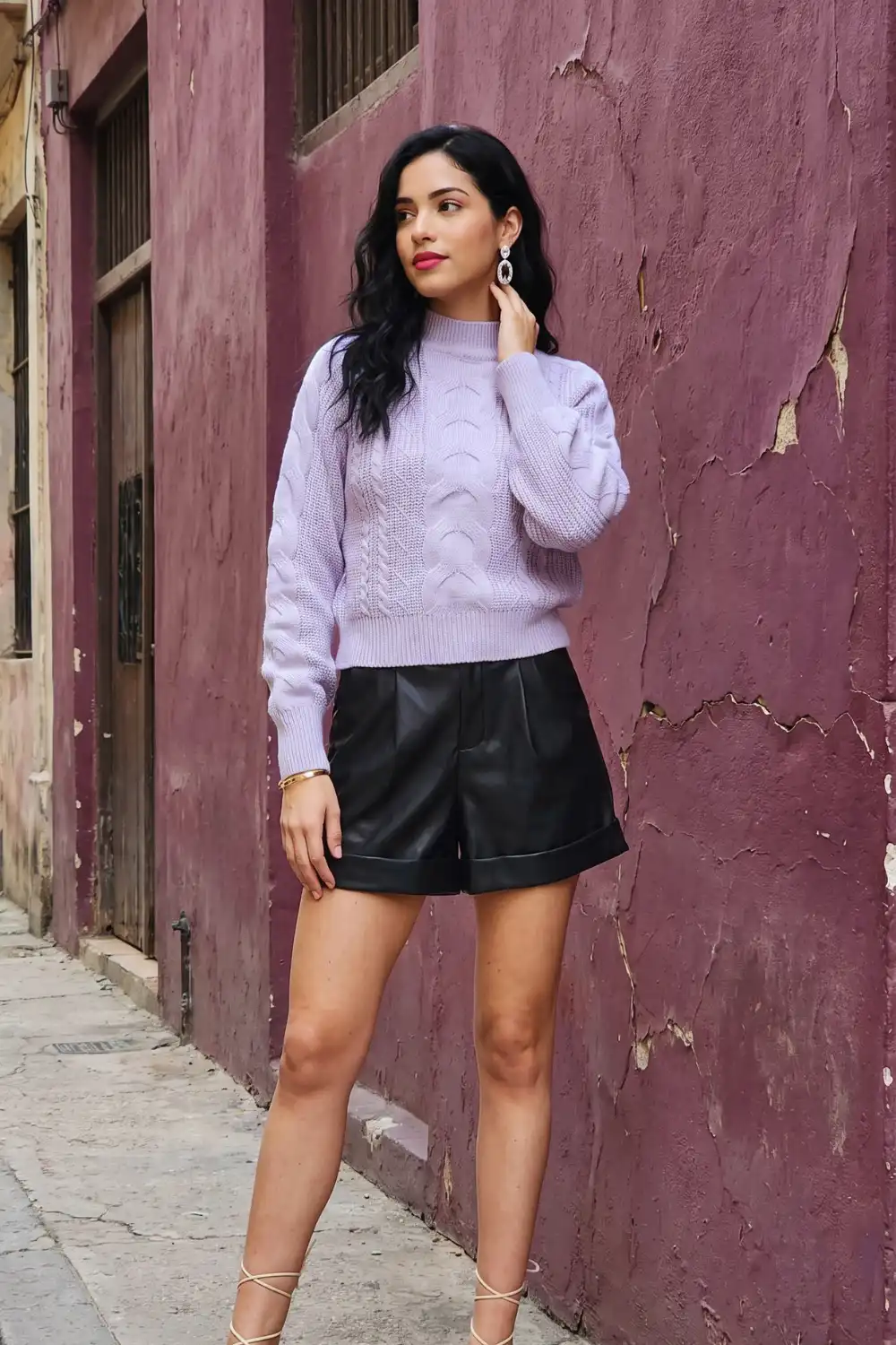 Woman in lavender cable knit mock neck cropped sweater with black leather pleated shorts