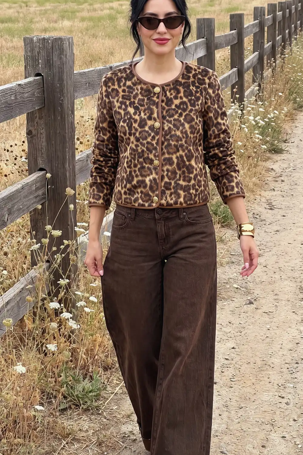 Woman in brown leopard print knit cardigan with brown wide leg denim jeans