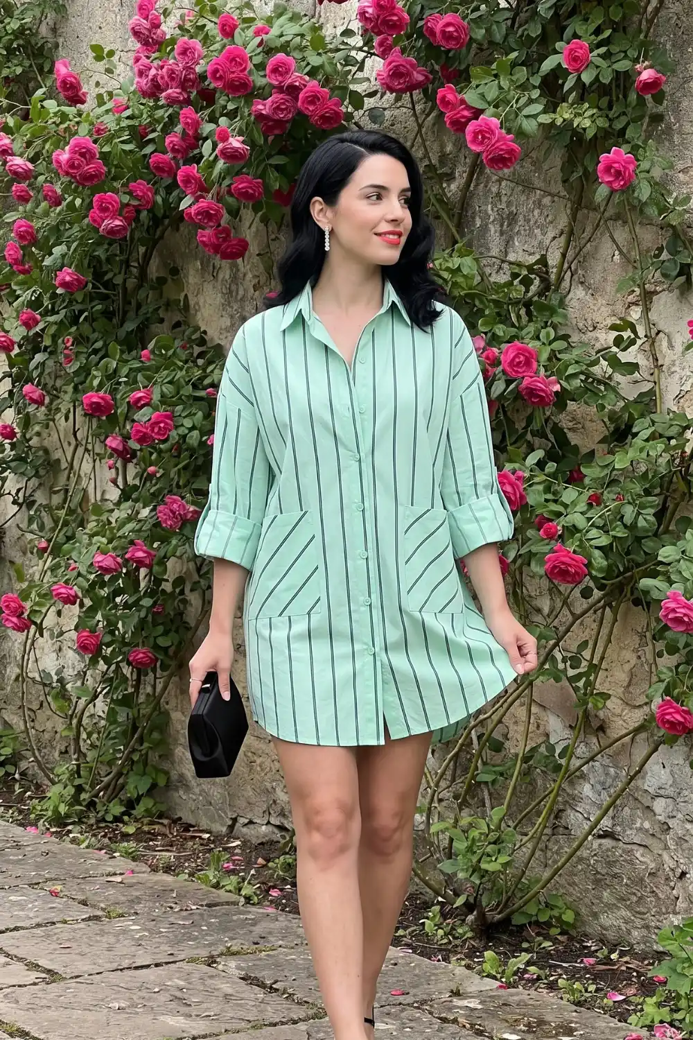 Woman wearing mint green black striped oversized mini shirt dress