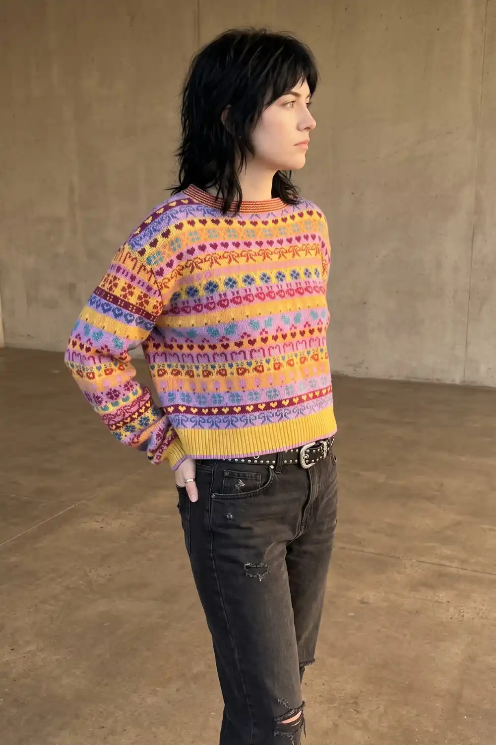 Woman wearing multicolor fair isle jacquard crew neck knit sweater