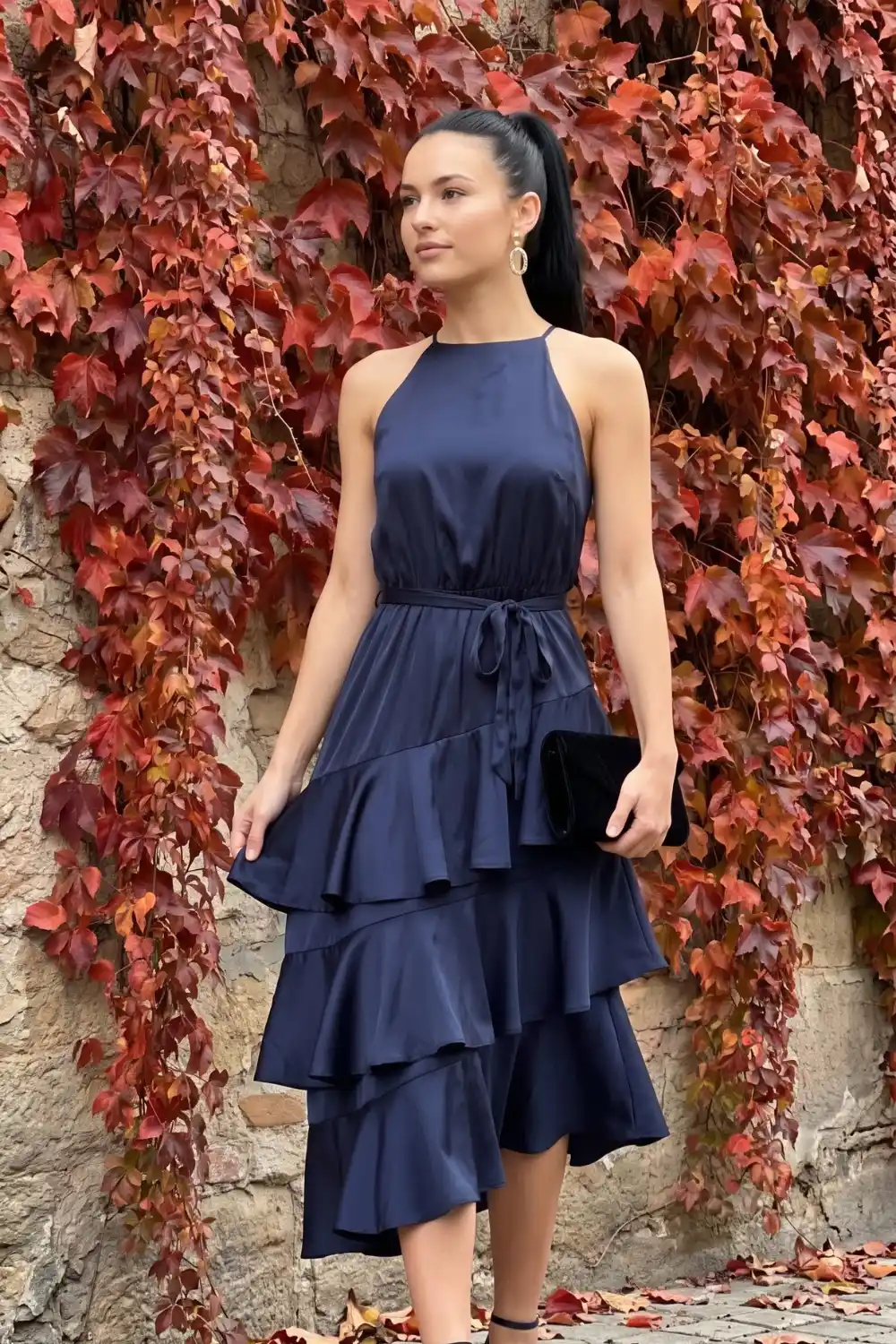 Woman in navy blue halter neck tiered ruffle midi dress