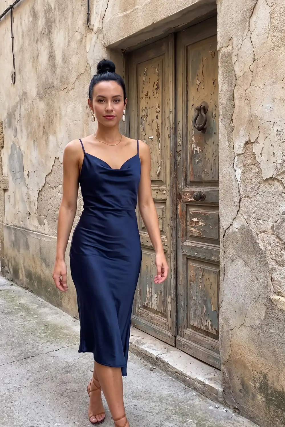 Woman in navy blue satin cowl neck fitted slip midi dress with tan strappy heels