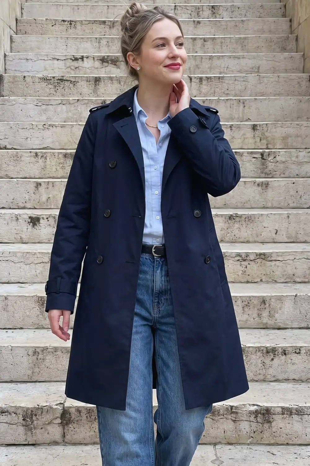Woman in navy double-breasted trench coat with light blue shirt and wide leg jeans