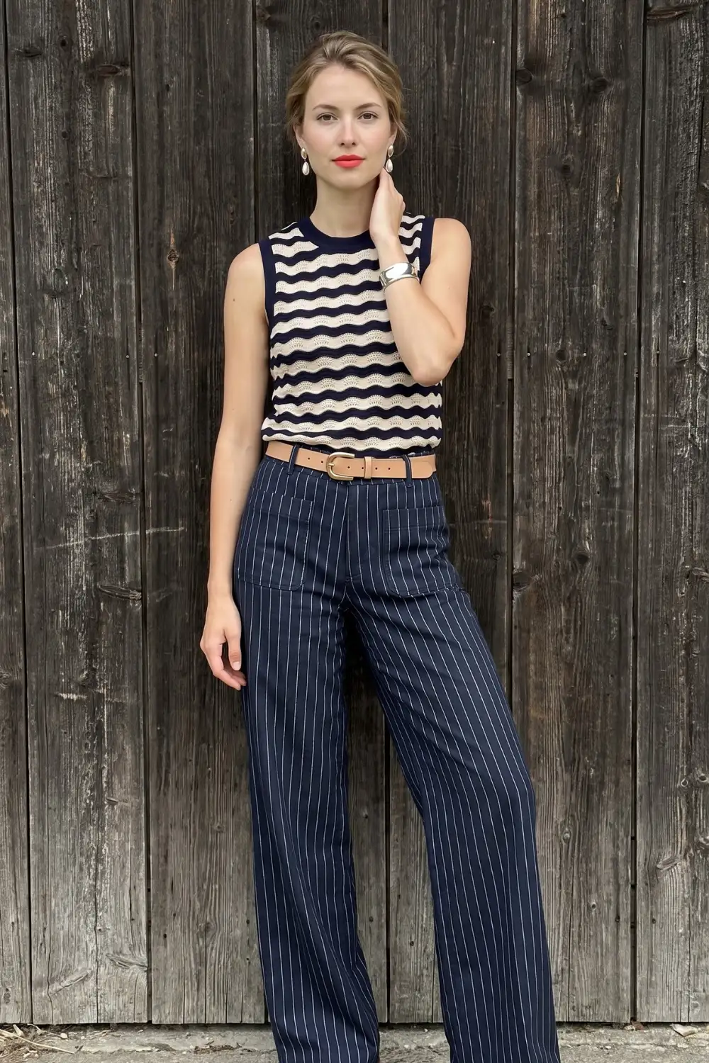 Woman in navy cream wave stripe crochet knit vest with navy pinstripe wide leg trousers and tan belt