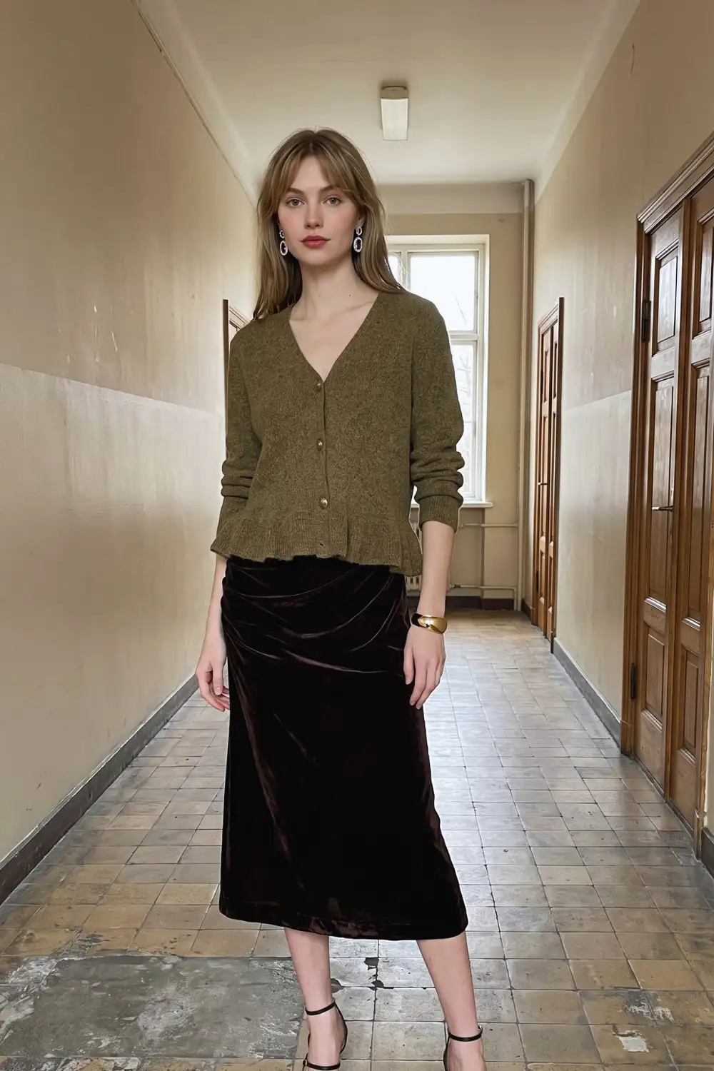 Woman in olive green peplum cardigan with dark brown velvet midi skirt