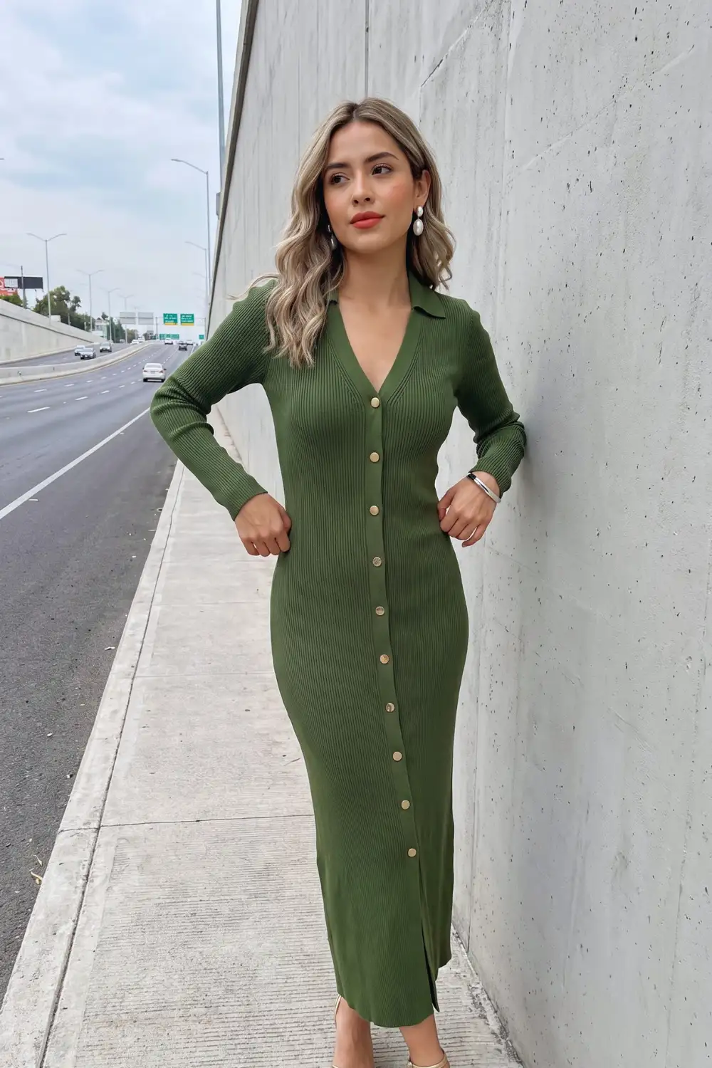 Woman in olive green ribbed collared button down fitted knit midi sweater dress