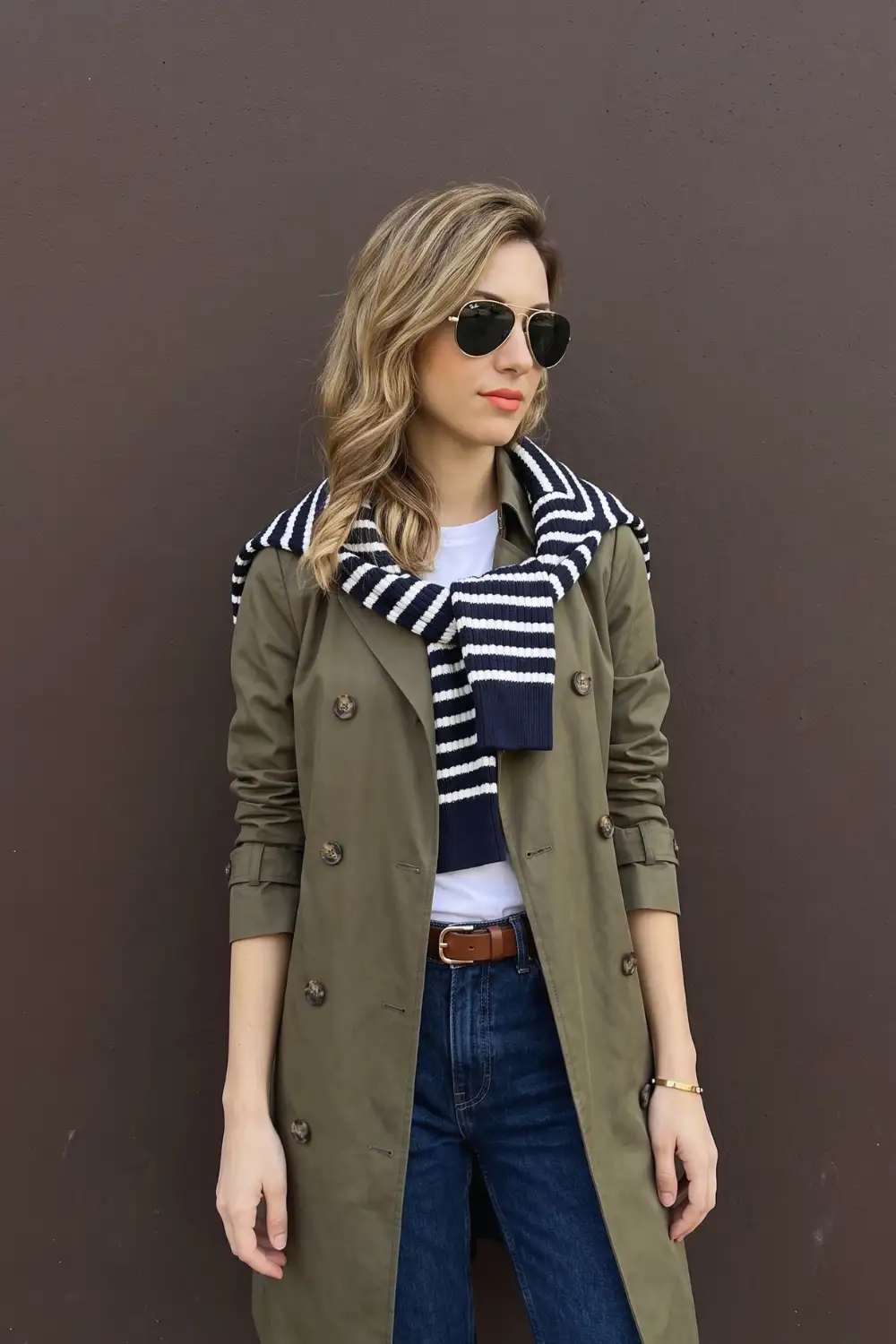 Woman in olive green trench coat with white tee, navy stripe scarf and dark wash jeans