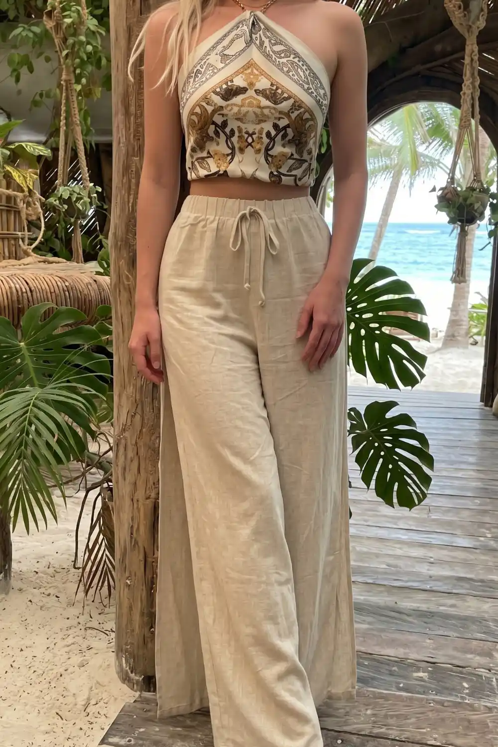Woman wearing cream gold paisley print halter neck crop top with beige linen drawstring wide leg pants at beach