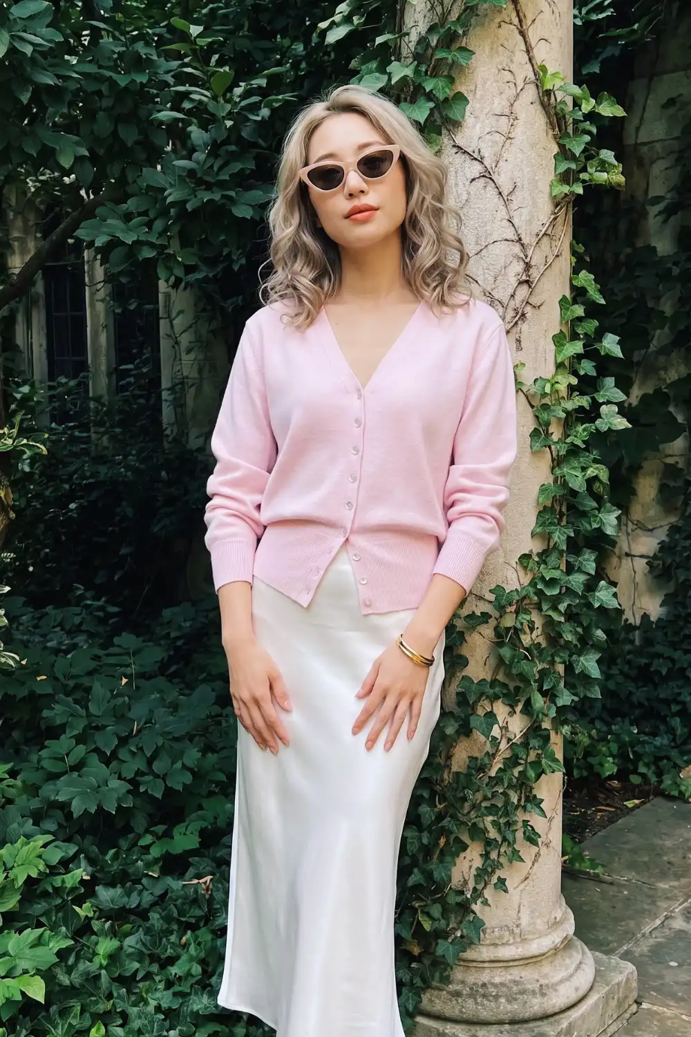 Woman in baby pink v neck knit cardigan with white satin midi slip skirt