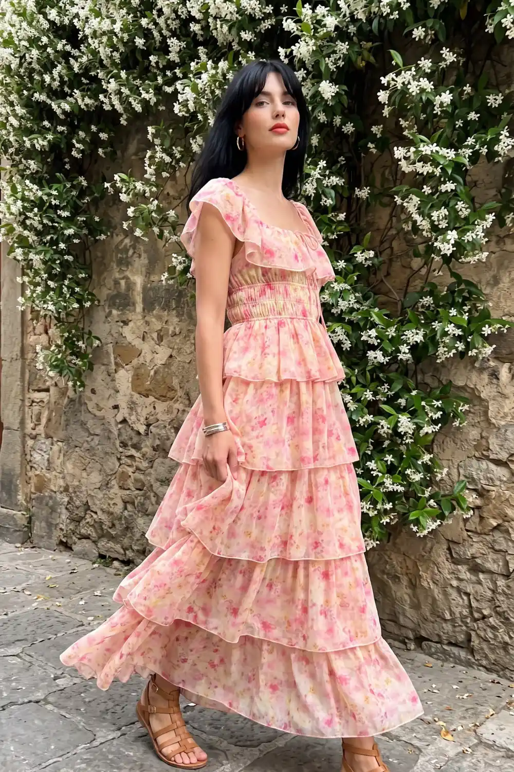 Woman in pink floral tiered ruffle maxi dress