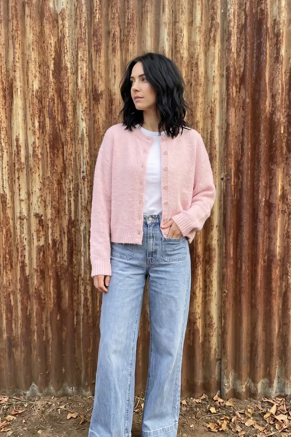 Woman wearing blush pink fluffy button cardigan with white tee and light wash wide leg jeans