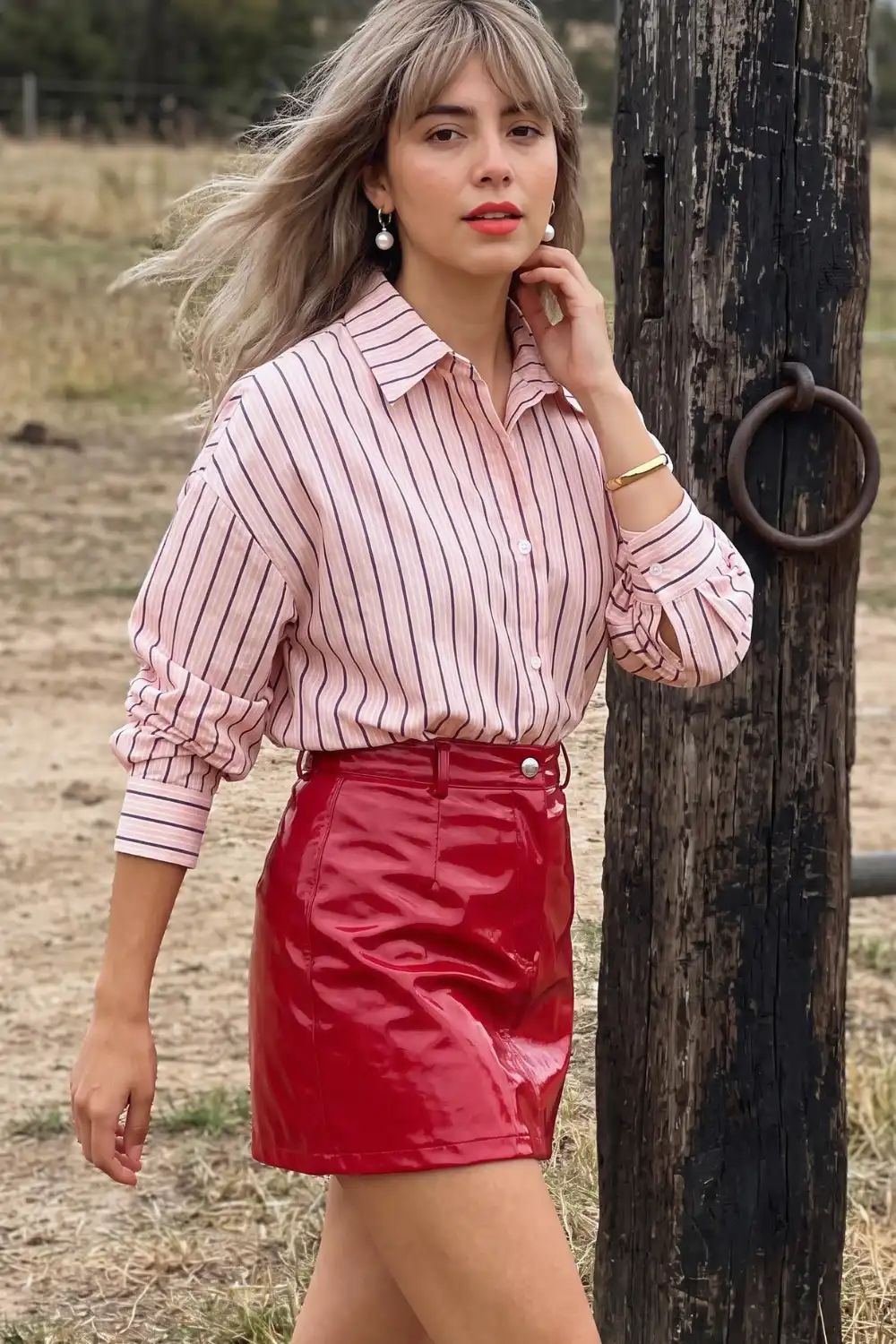 Woman in pink striped oversized shirt with red patent leather mini skirt