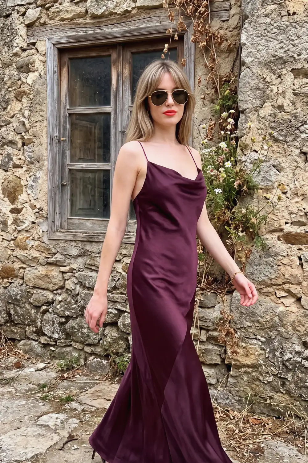 Woman in deep plum burgundy satin cowl neck slip maxi dress