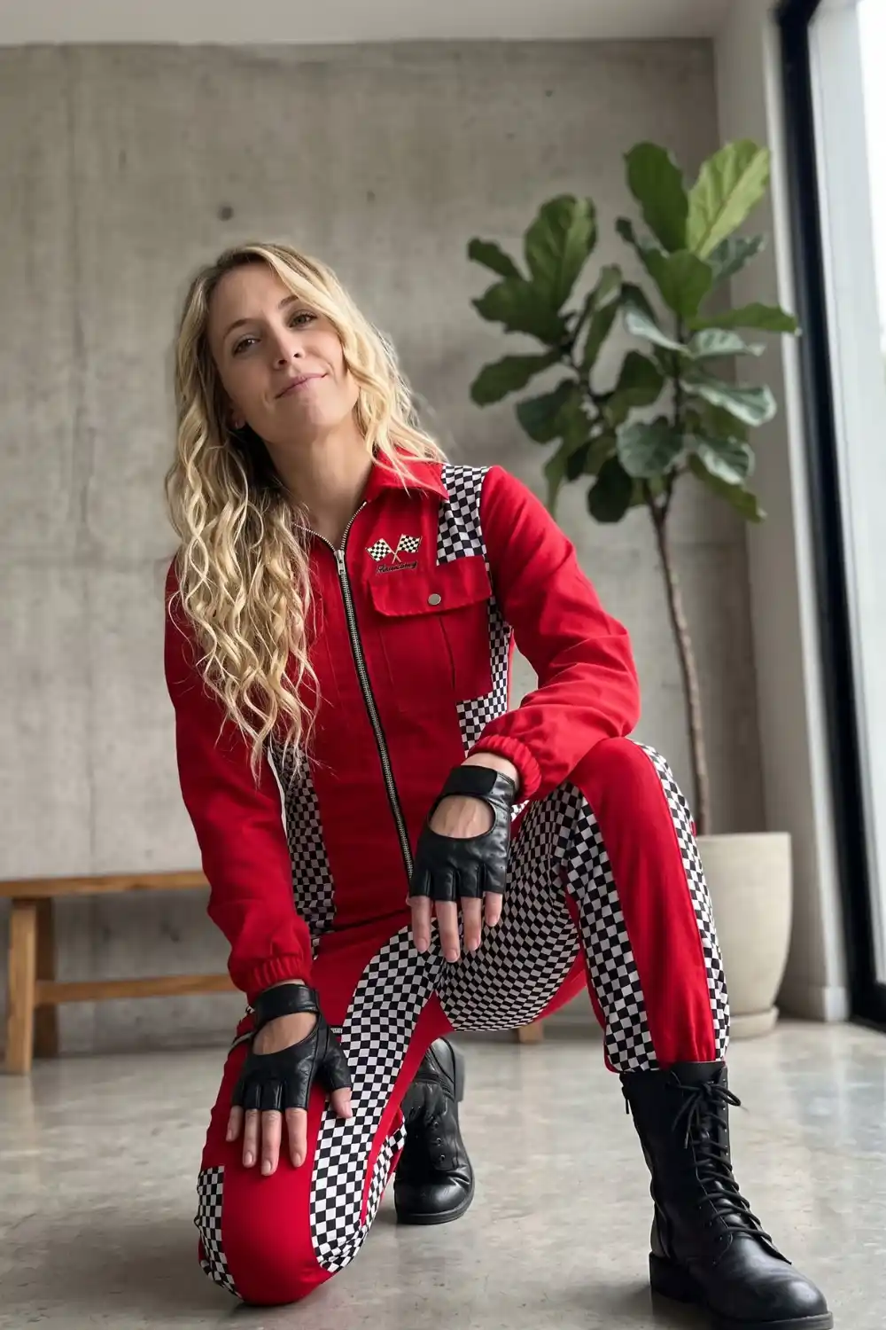 Woman dressed as race car driver in red checkered jumpsuit with black gloves and boots
