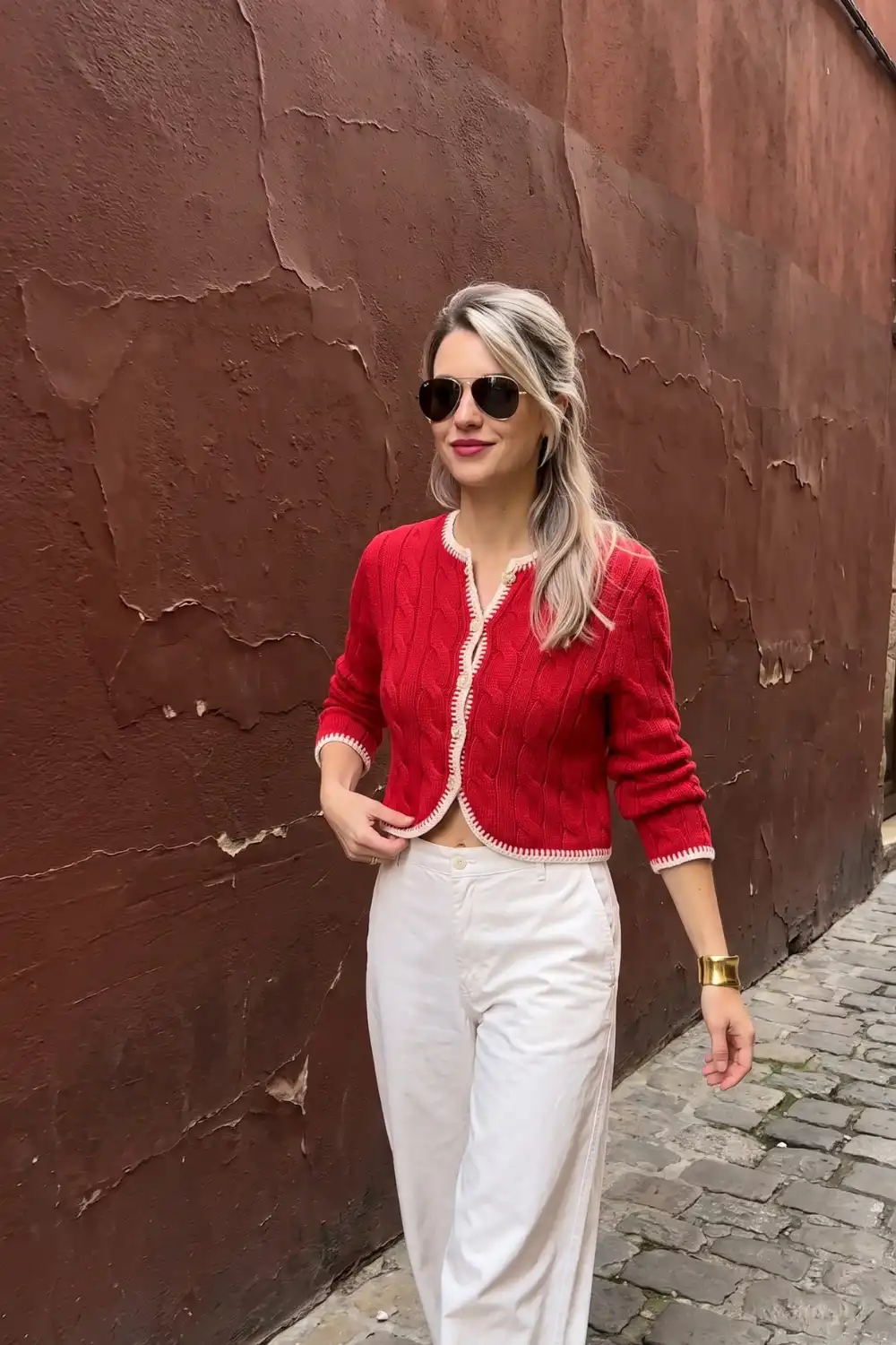 Woman in red cable knit cropped cardigan with cream trim and white wide leg jeans