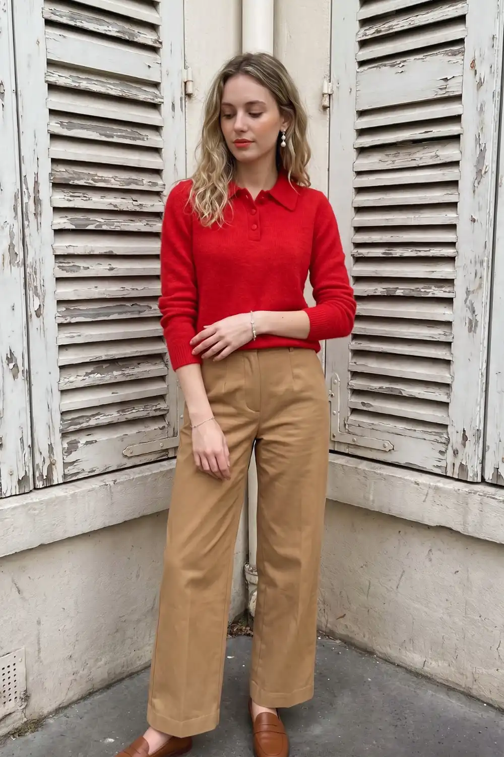 Woman in red polo collar knit sweater with camel wide leg trousers