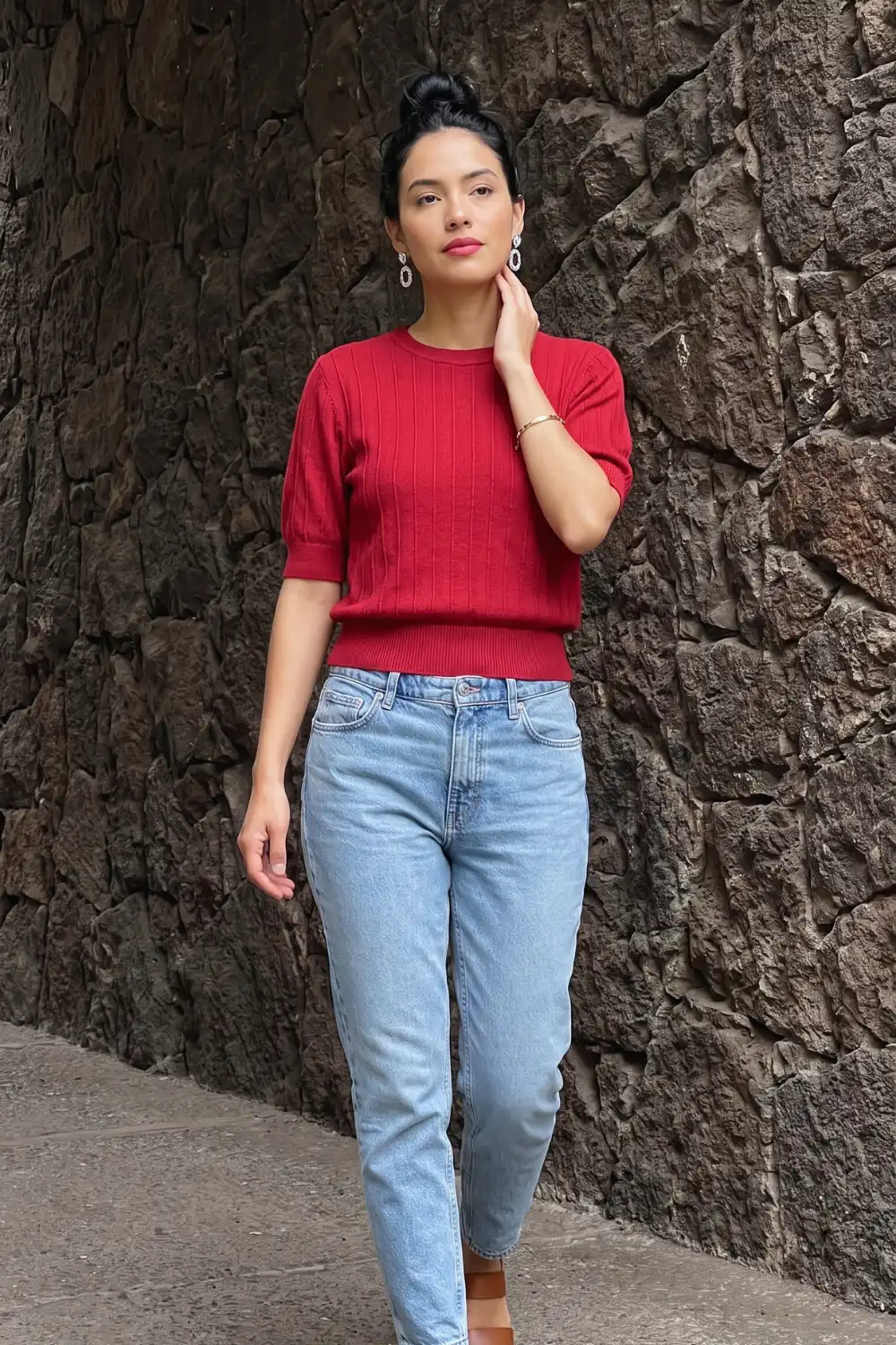 Woman in red short sleeve ribbed knit top with light wash mom jeans