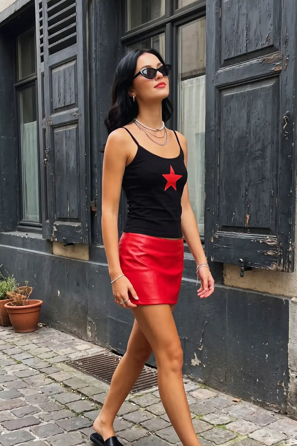Woman in black star print tank top with red leather mini skirt