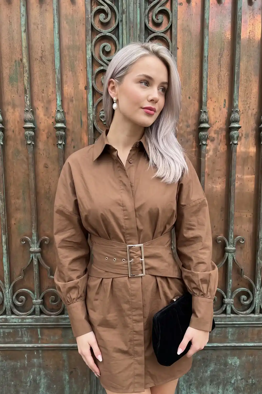Woman wearing tan brown belted mini shirt dress with puff sleeves