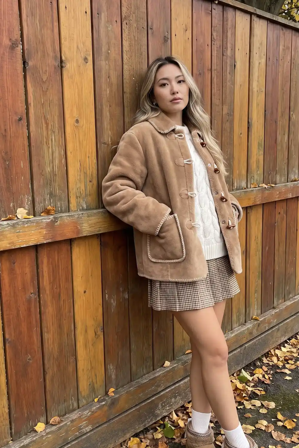Woman wearing tan sherpa toggle coat with cream cable knit sweater and brown houndstooth mini skirt