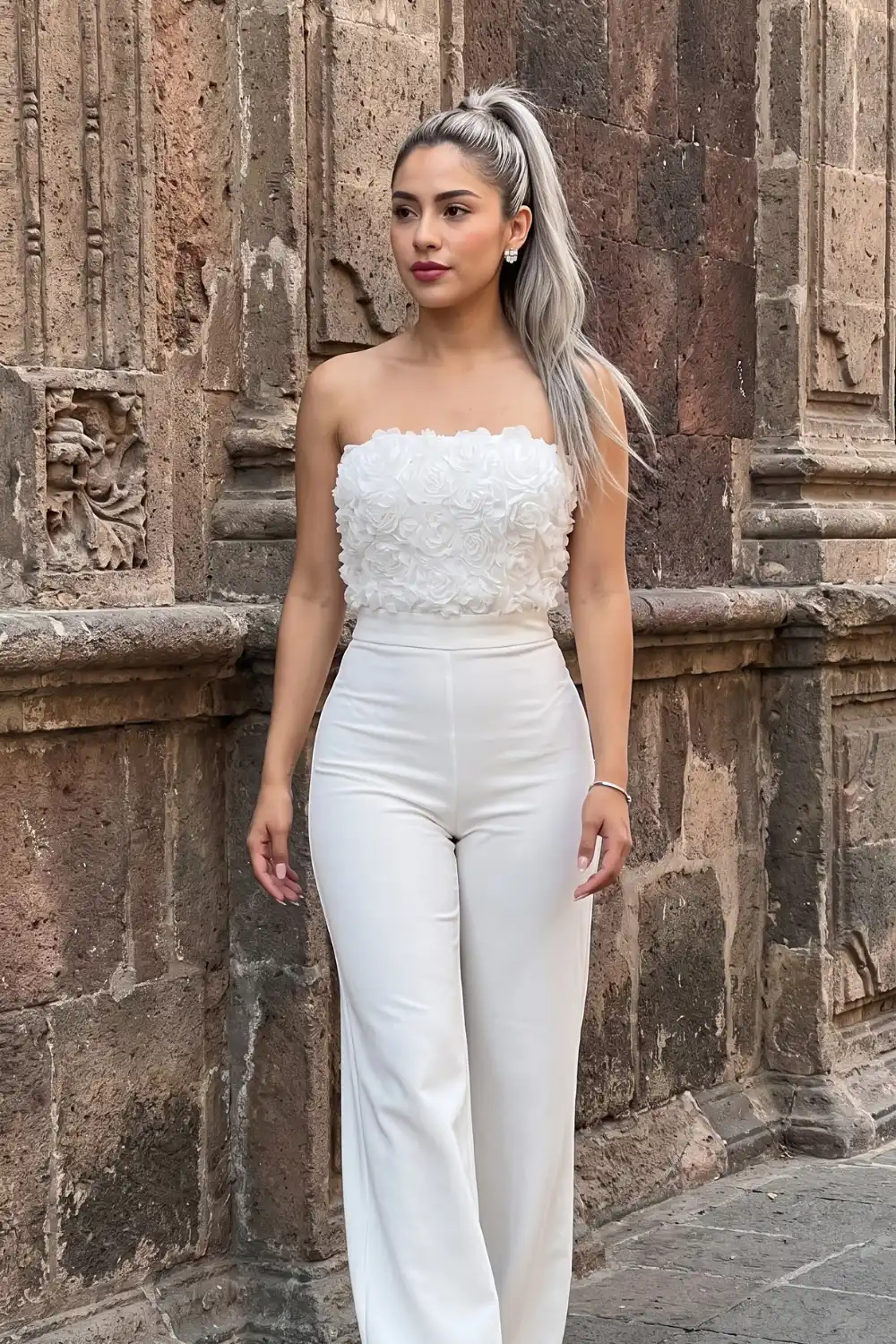 White Floral Tube Top and Wide Leg Trousers