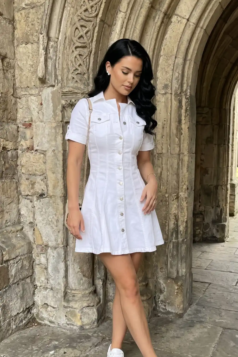 Woman in white denim button down fit and flare mini dress