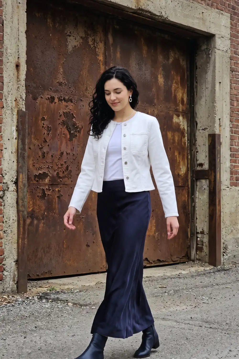 Woman in white collarless cropped denim jacket with lavender tank and navy satin maxi skirt