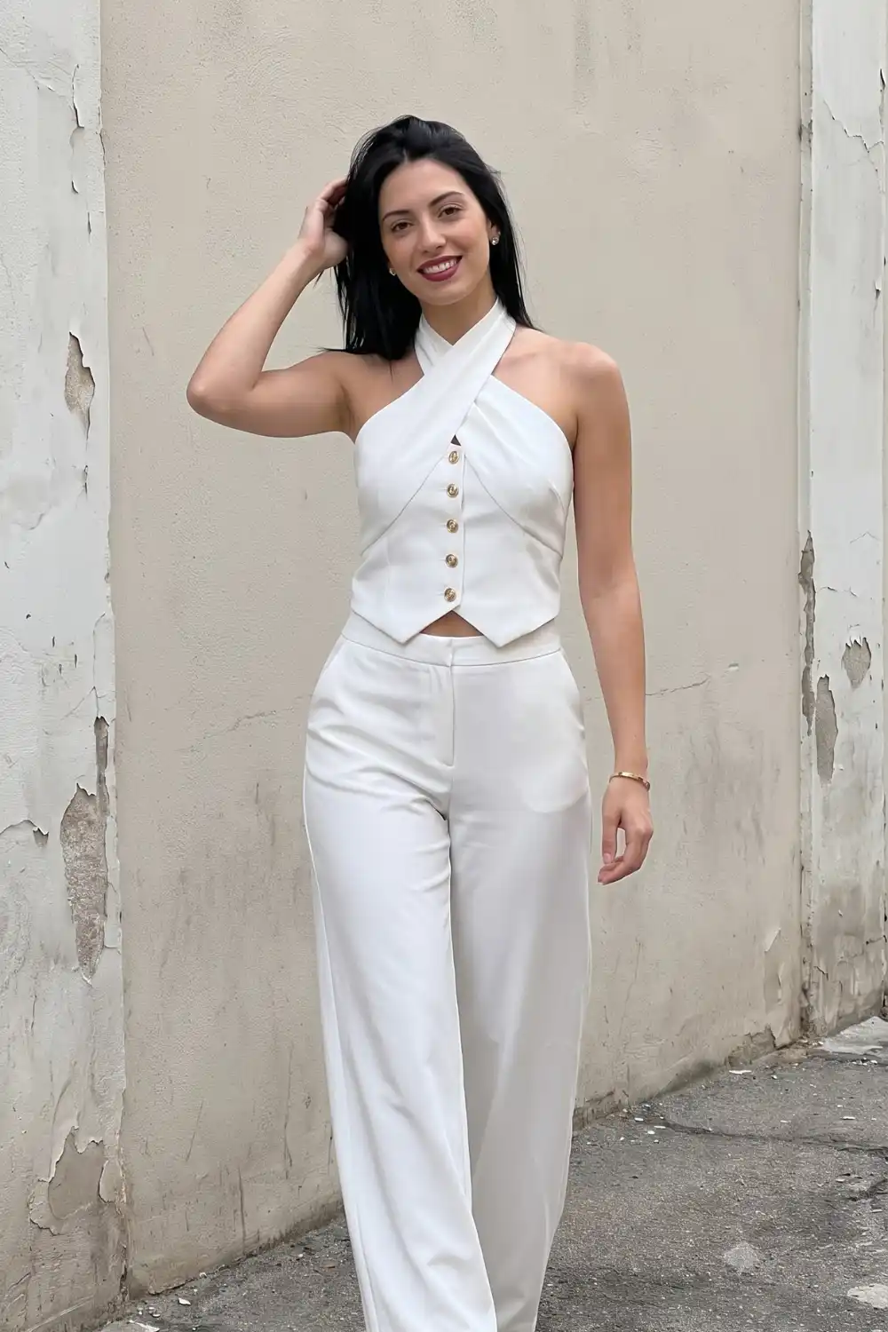 White Halter Vest and Wide Leg Trouser Set