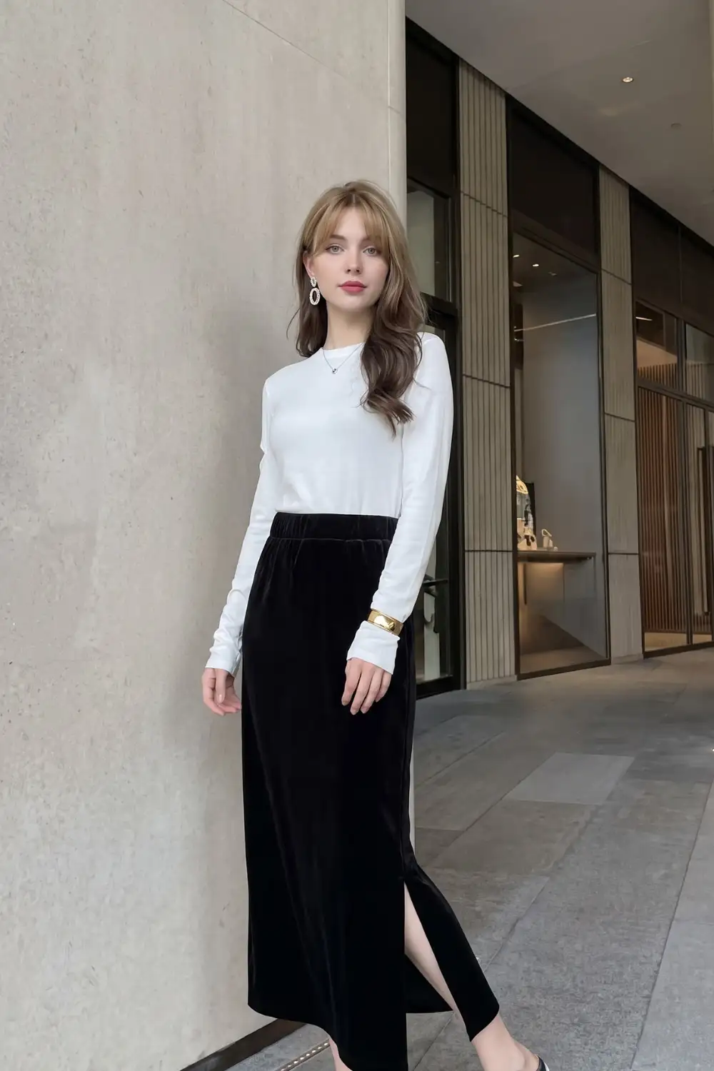 white-long-sleeve-top-black-velvet-maxi-skirt