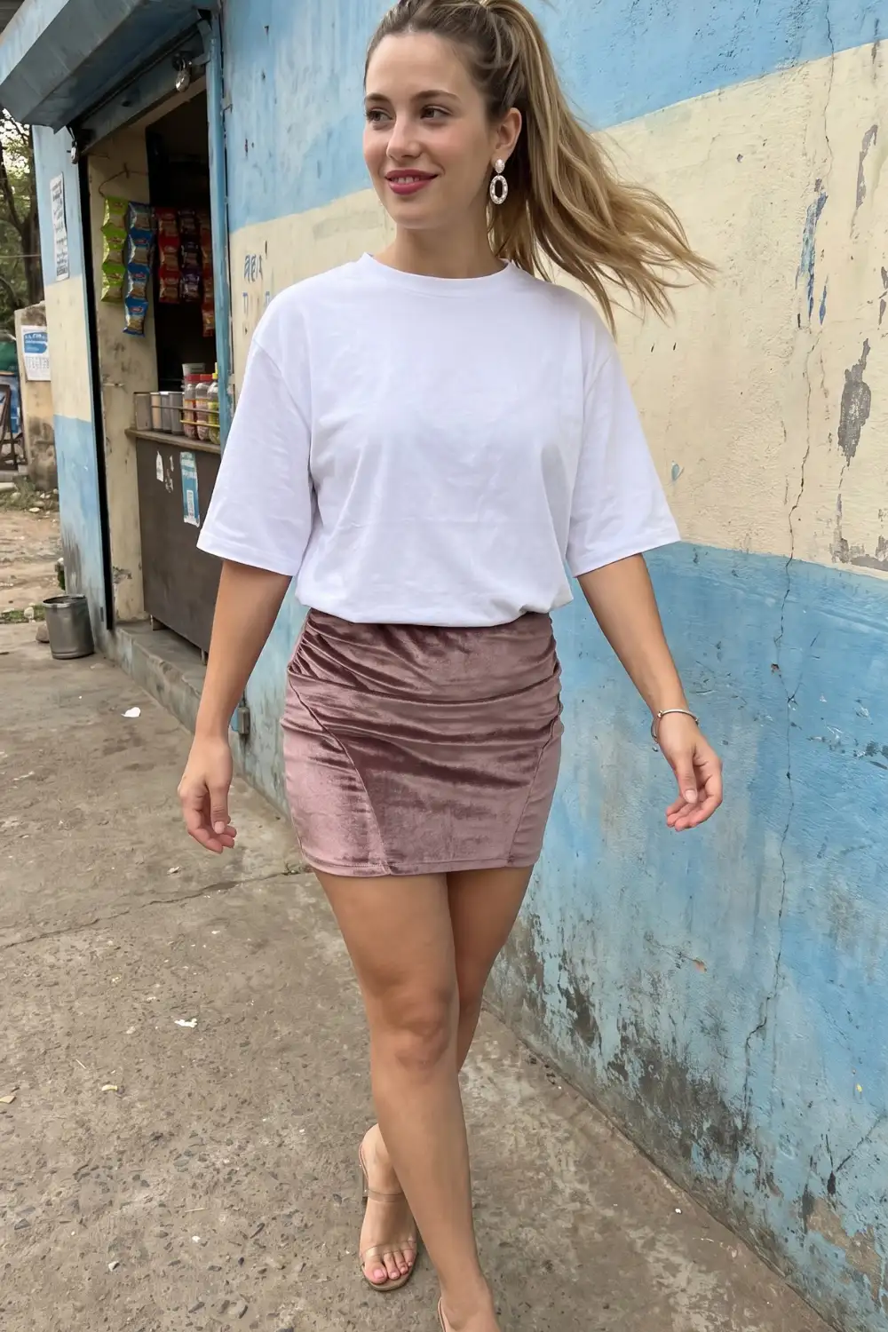 Woman in white oversized tee with mauve pink ruched velvet mini skirt and nude sandals