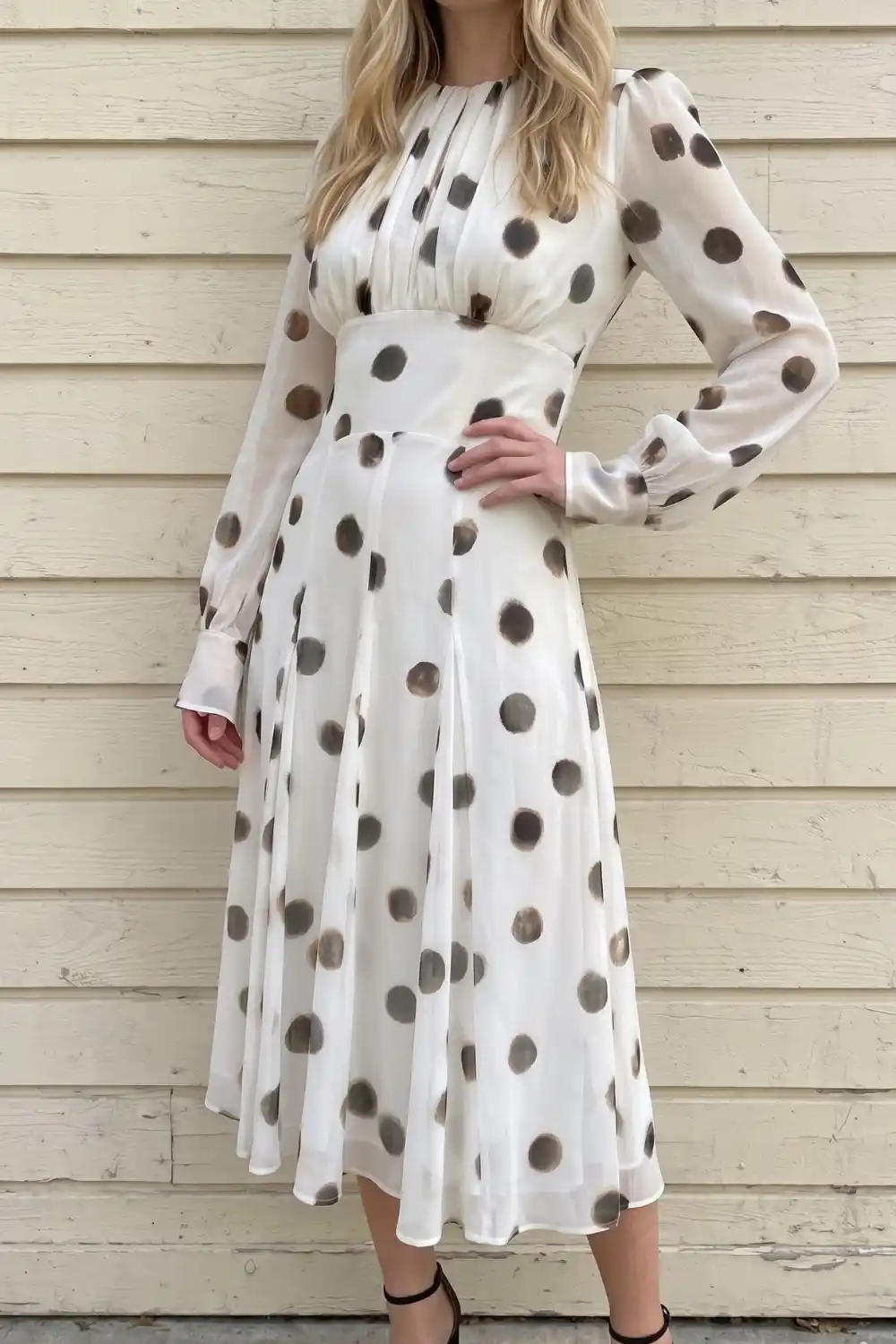 Woman wearing white and brown polka dot long sleeve midi dress