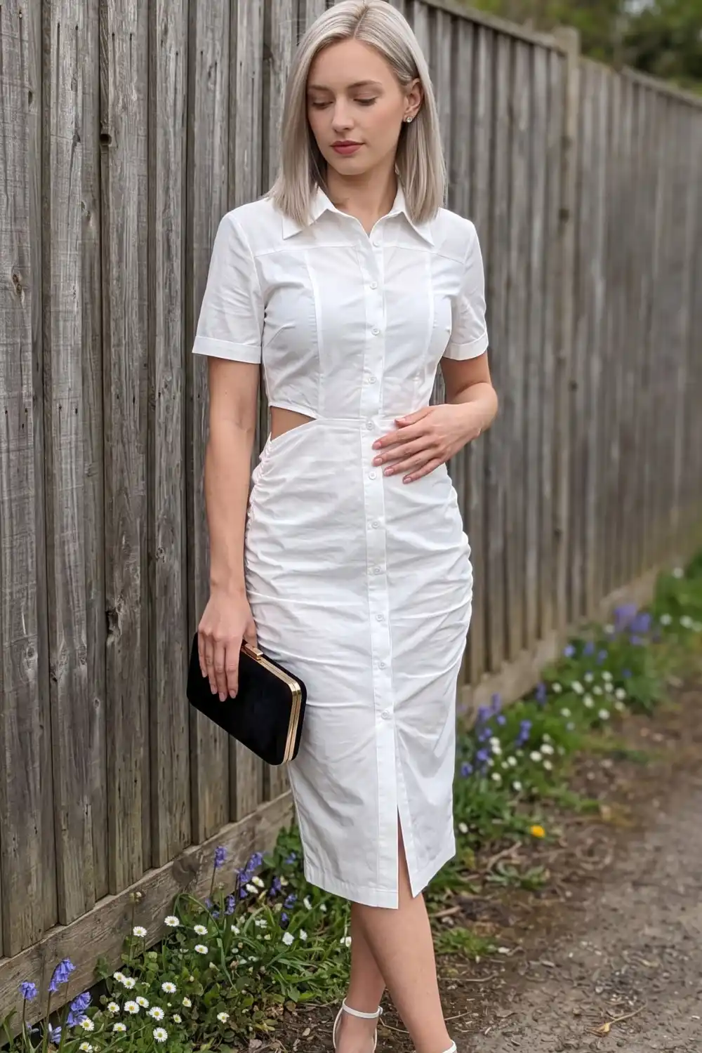 Woman in white ruched cutout button down shirt midi dress