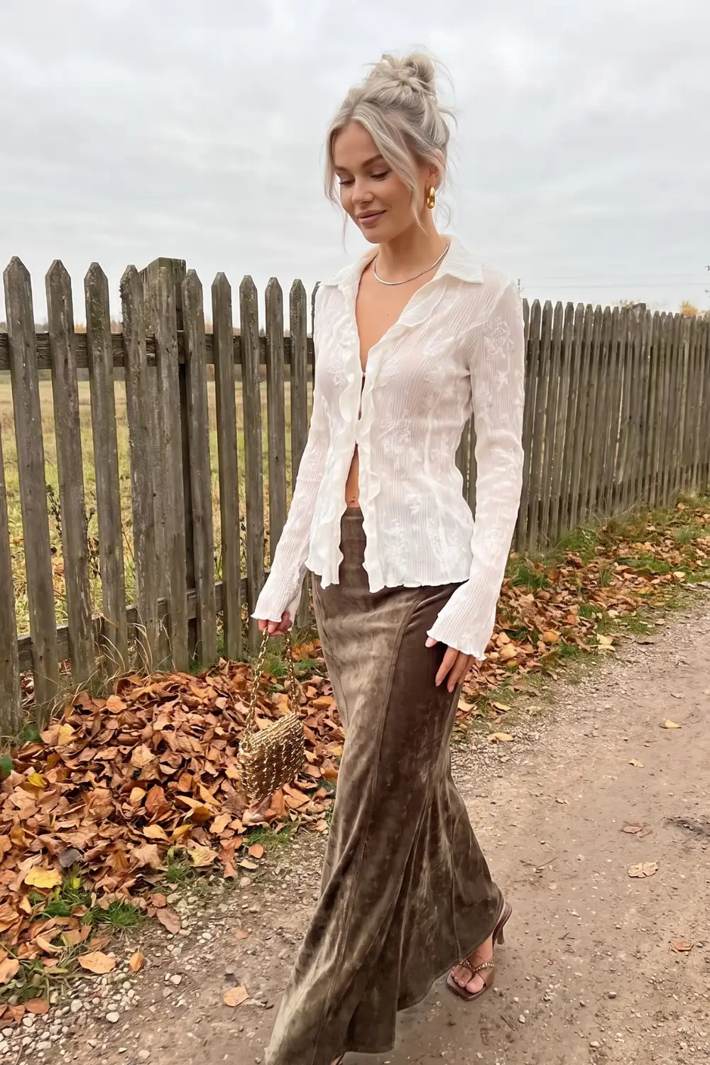 Woman in white sheer ruffle blouse with olive brown velvet maxi skirt and strappy heels