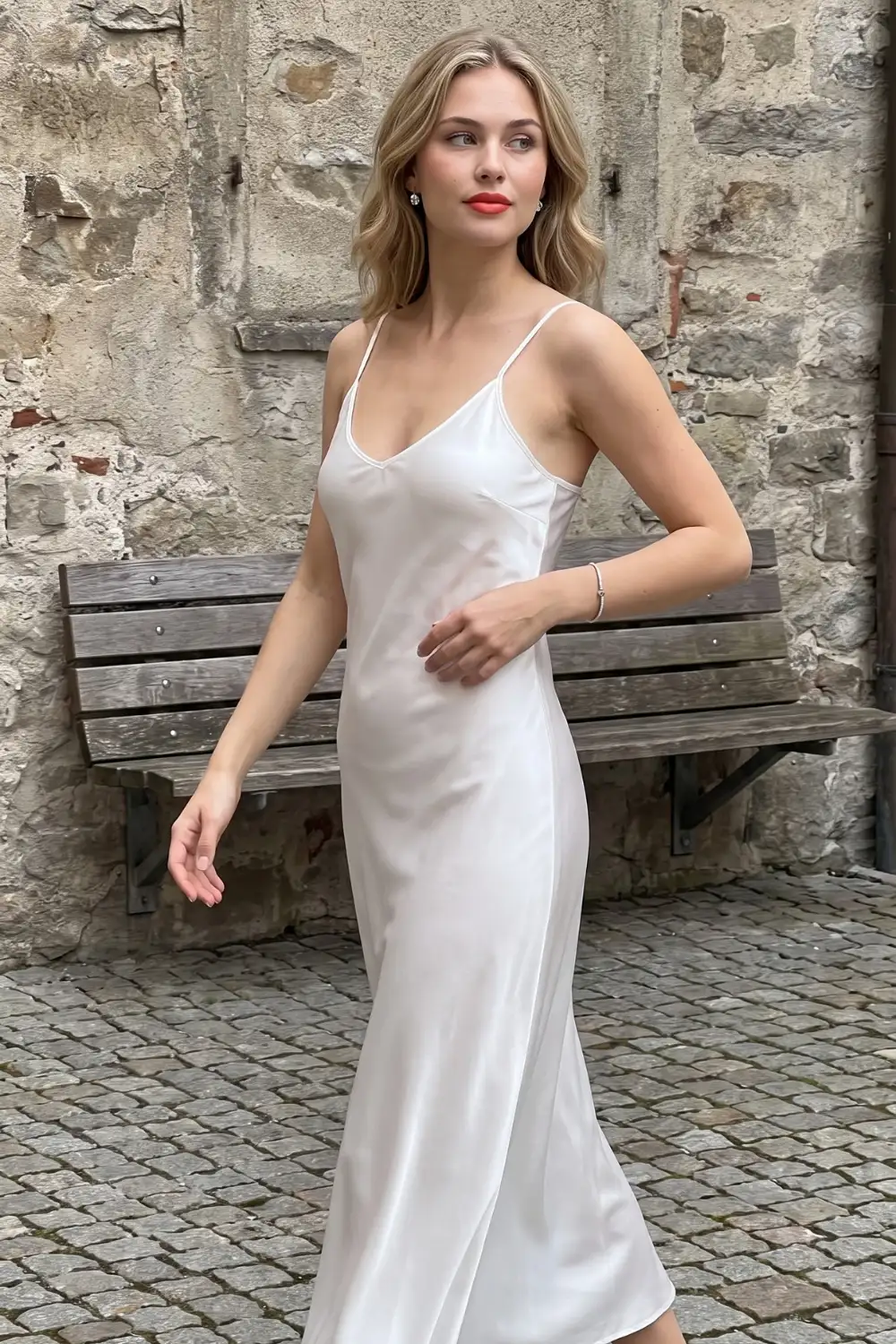Woman in white ivory satin scoop neck slip midi dress with thin straps