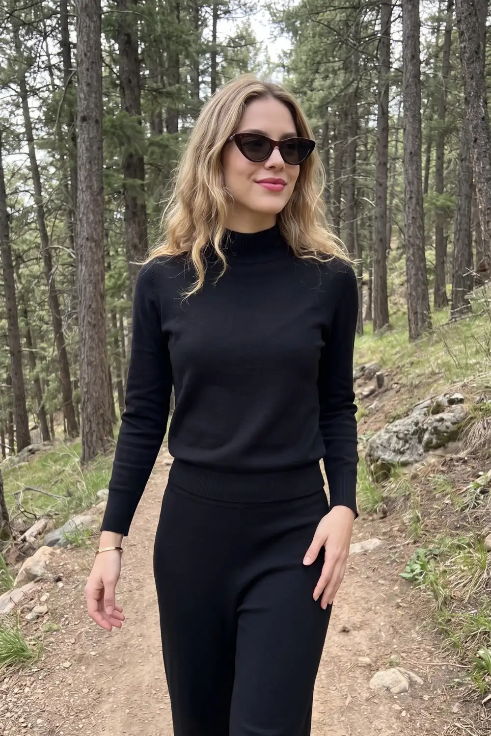 Woman in all black turtleneck sweater and wide leg knit trousers