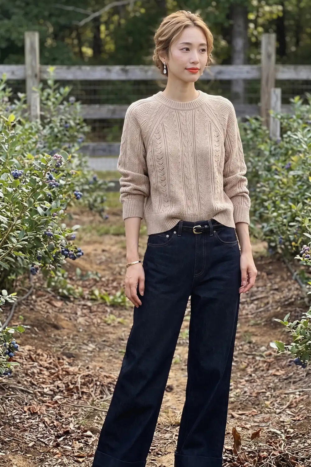 Woman in beige cable knit sweater with dark navy wide leg jeans and black belt