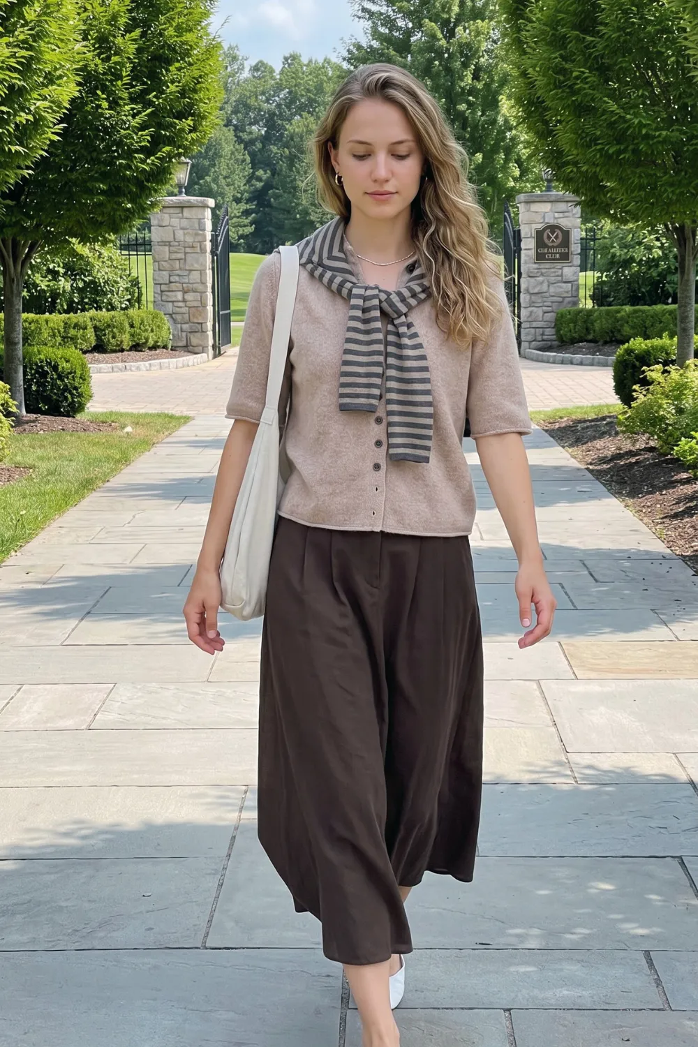 Woman in beige short sleeve button cardigan with grey stripe neck scarf and dark brown satin midi skirt