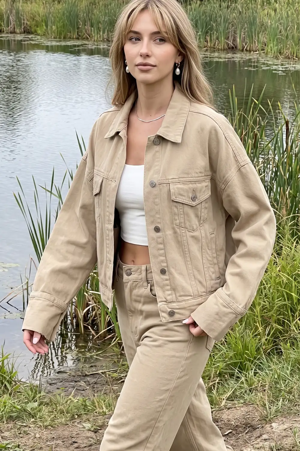 Woman in beige oversized denim trucker jacket with white crop top and beige wide leg jeans