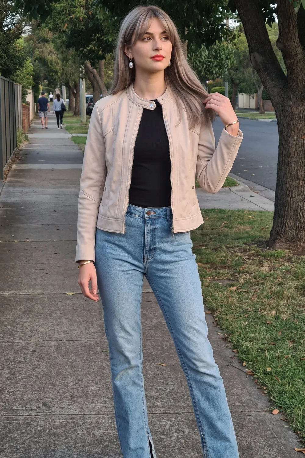 Woman in beige cropped leather jacket with black top and light blue straight jeans