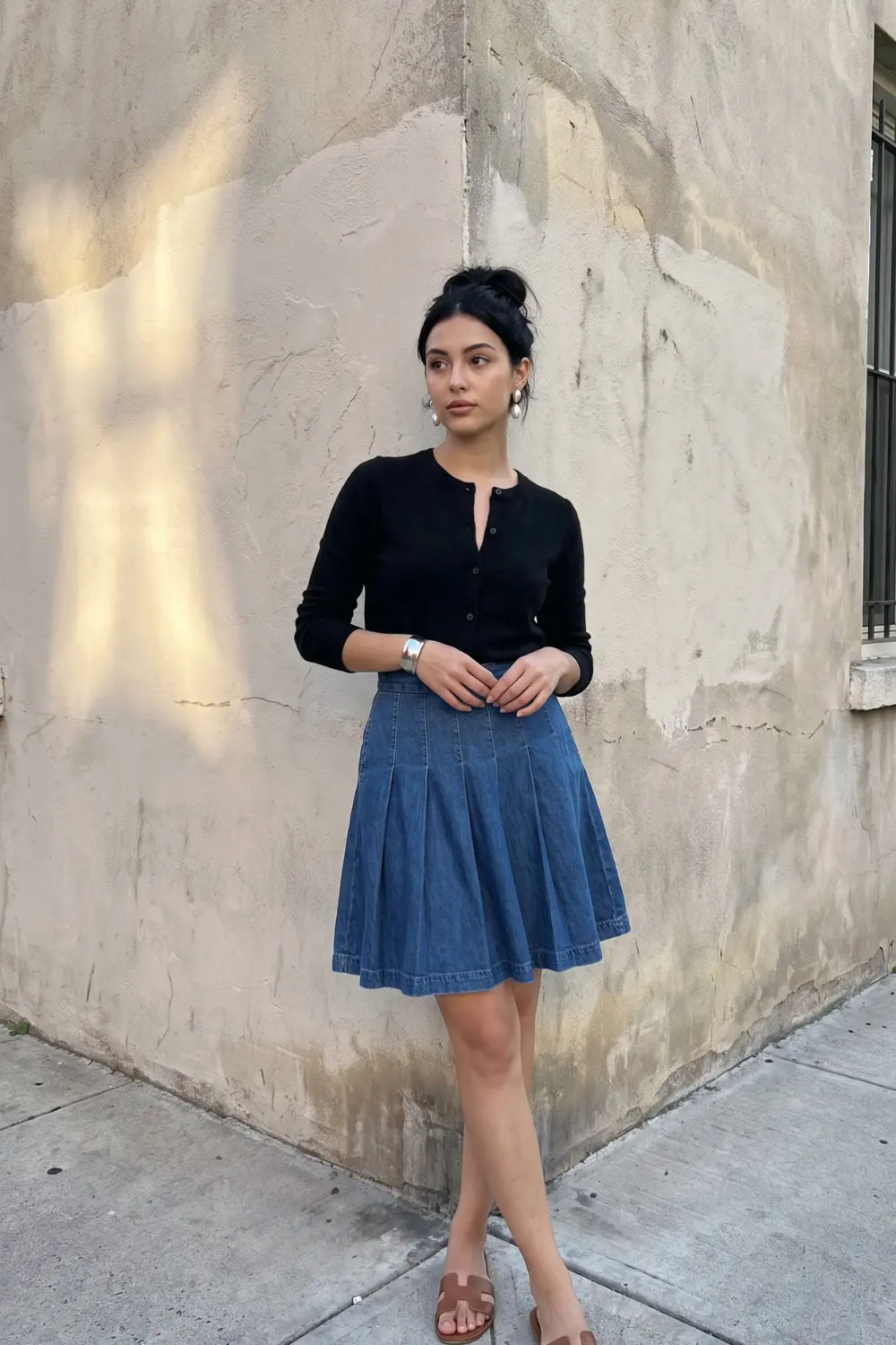 Woman in black cropped button cardigan with medium wash blue denim pleated midi skirt