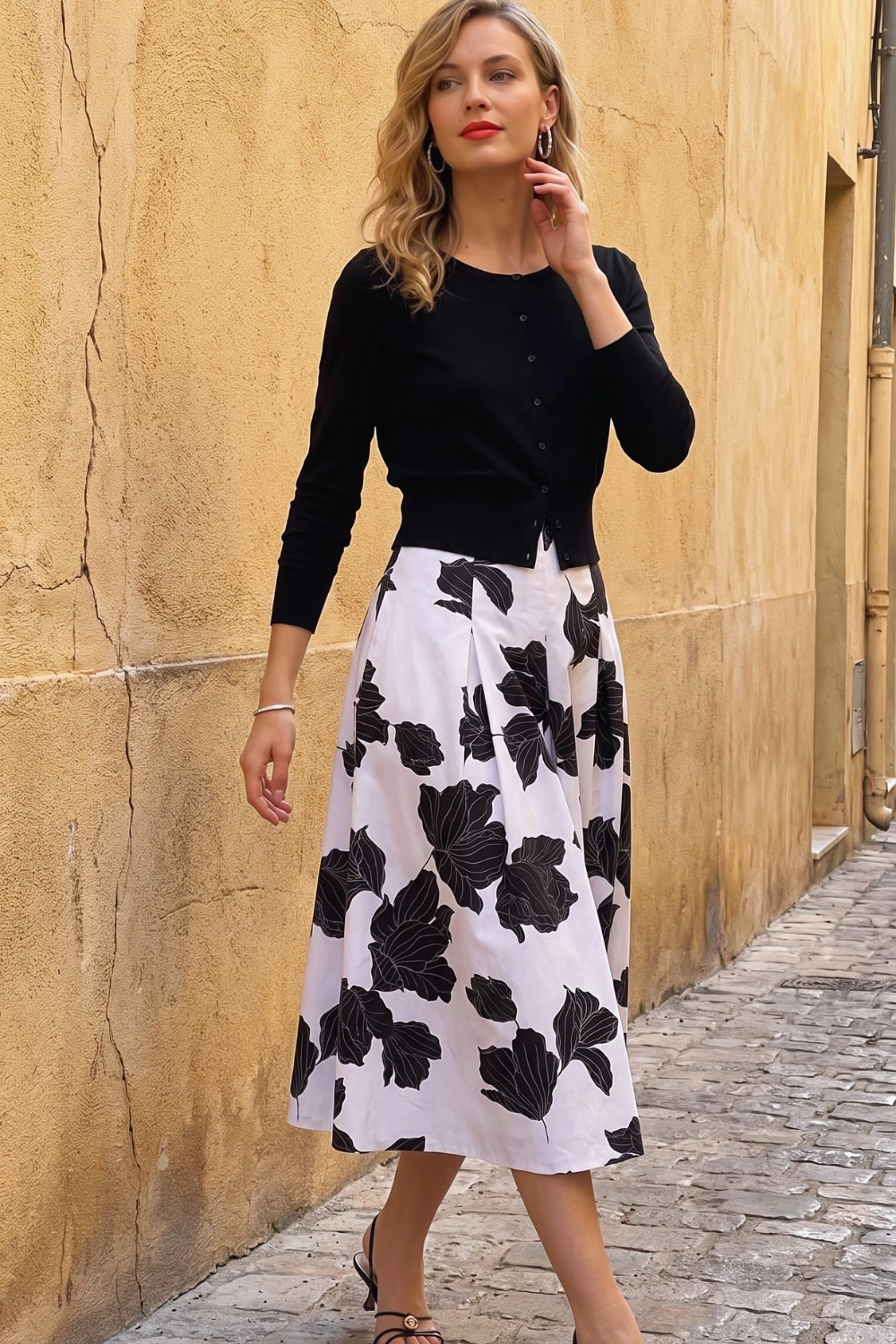 Woman in black fitted cardigan and white black floral print midi skirt