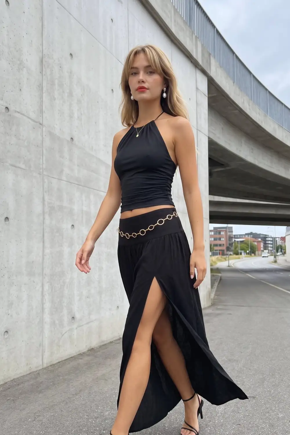 Woman in black halter ruched crop top with black tiered maxi skirt and gold chain belt